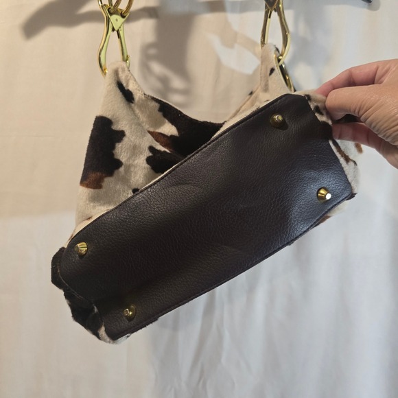 Braciano Cow Print Furry Hobo Shoulder Bag Gold Tone Hardware - Picture 2 of 9